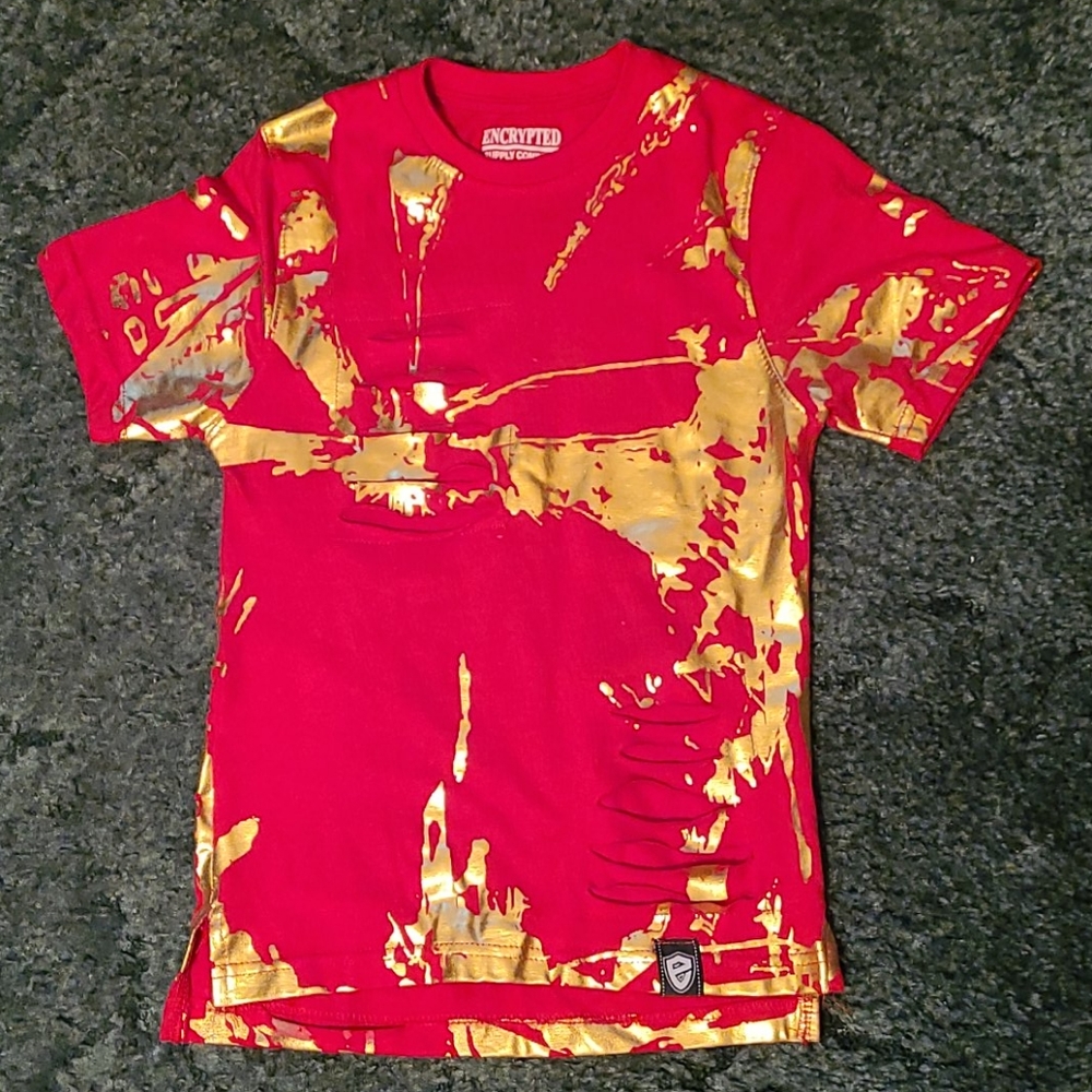 ENCRYPTED L(6) Red tee with Gold Splattee paint
